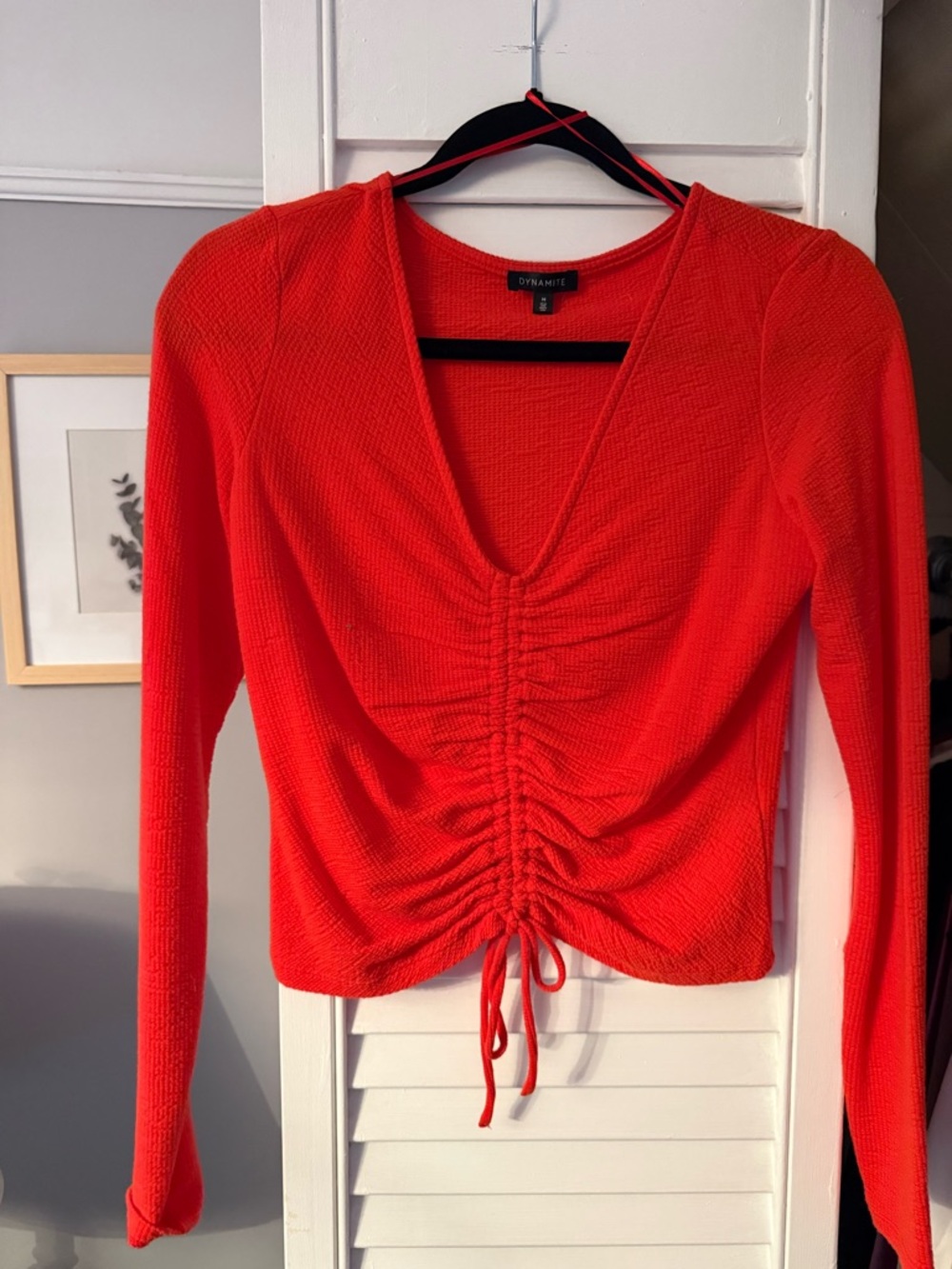 Dynamite Bright Red Ruched V-Neck Long Sleeve Top